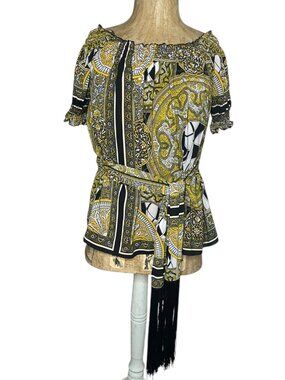 Baby Phat Off Shoulder Womens S Oversized Peasant Blouse Yellow Black Y2K Work